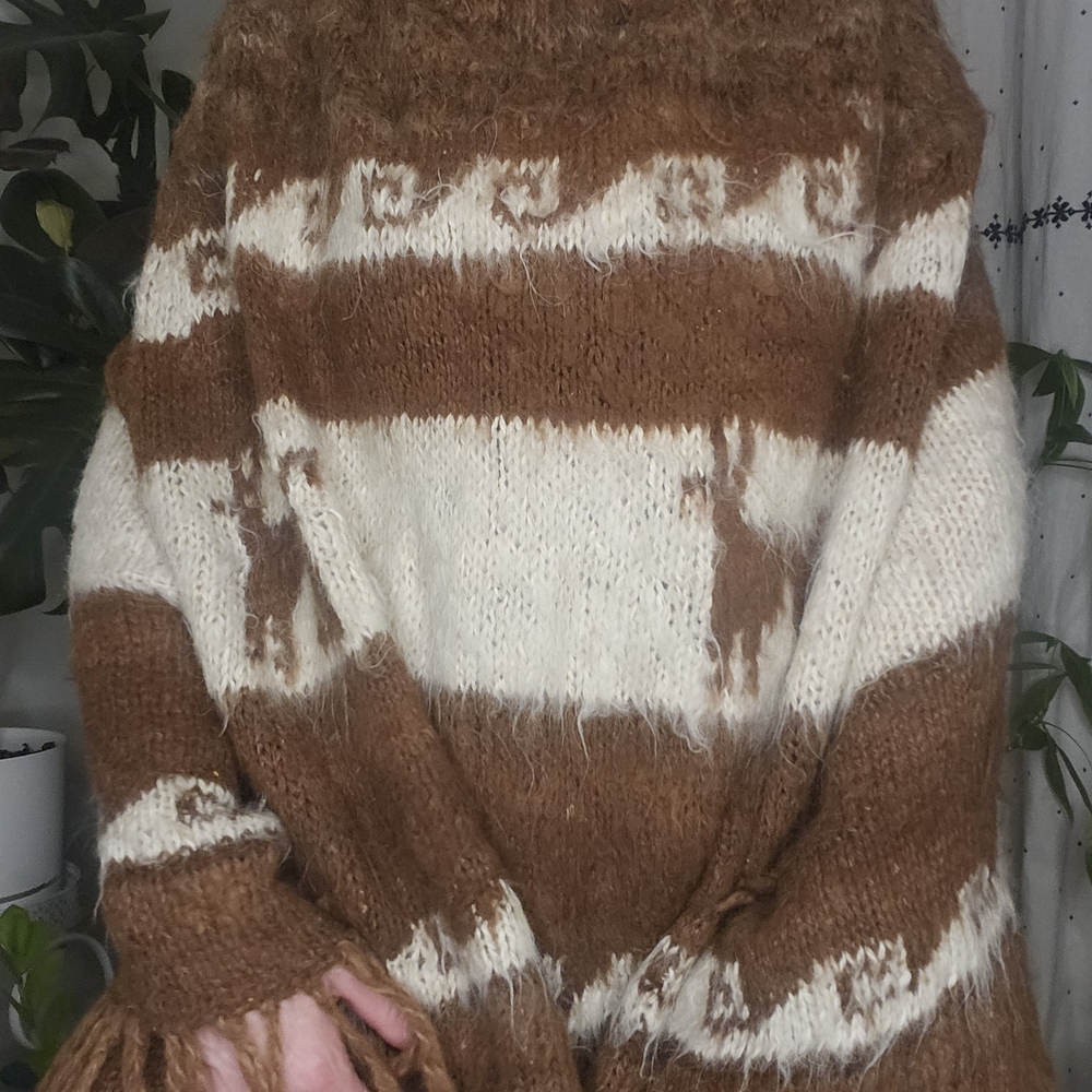 70s Vintage Alpaca Wool Knit Poncho with Fringe Brown & Cream Boho Festival - Picture 3 of 7